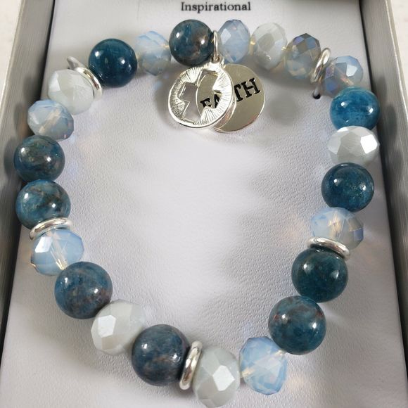 Genuine Stone BLUE STONE FAITH & CROSS HEART Charm Stretch Bracelet New in Box - Picture 4 of 9